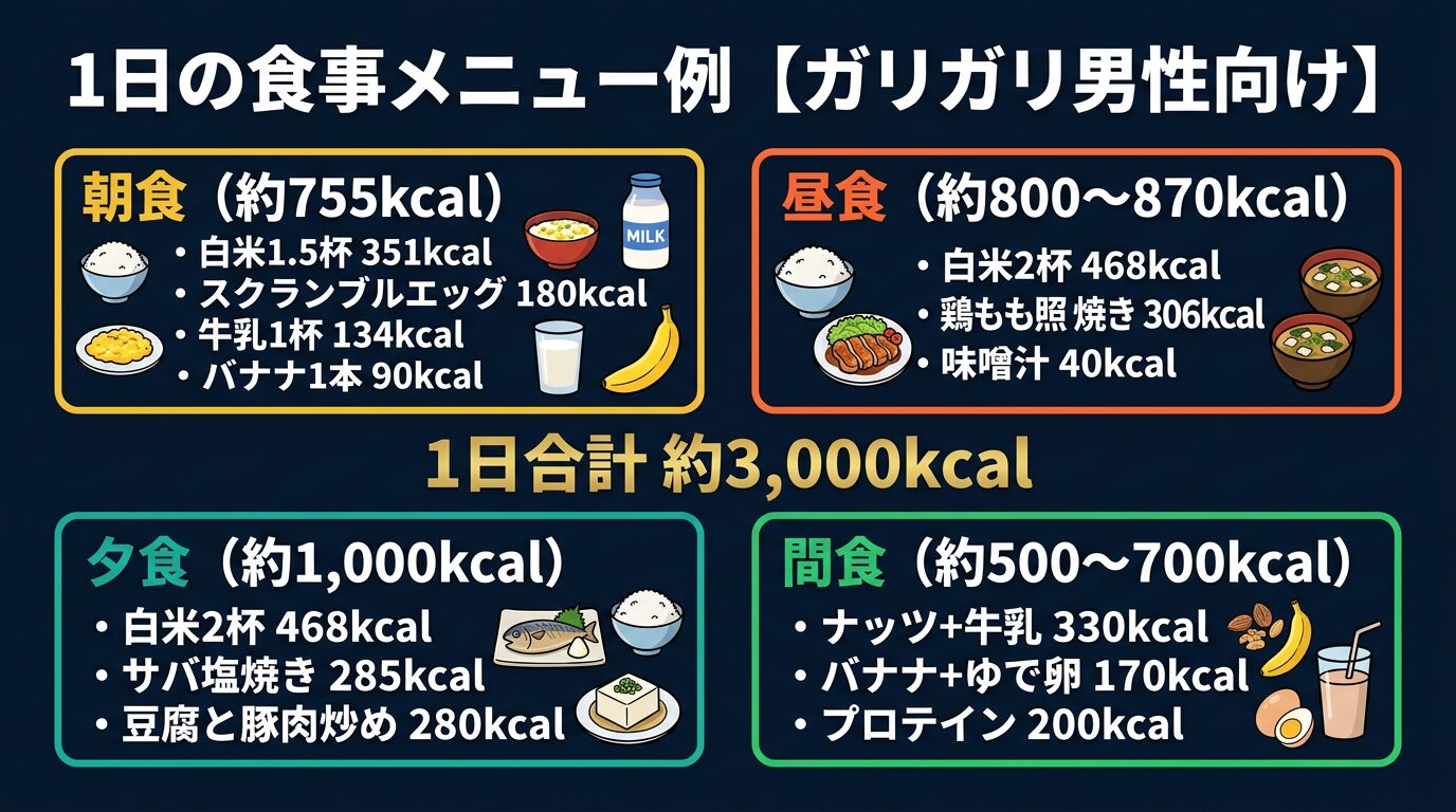1日の具体的な食事メニュー例【ガリガリ男性向け】