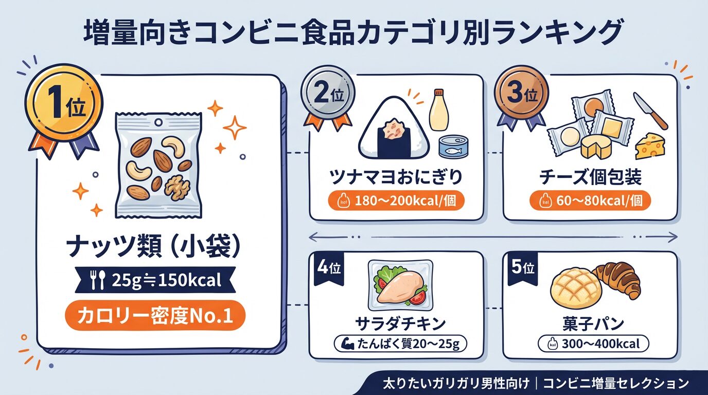 増量向きコンビニ食品カテゴリ別ランキング｜ナッツ・ツナマヨおにぎり・チーズ・サラダチキン・菓子パン5選