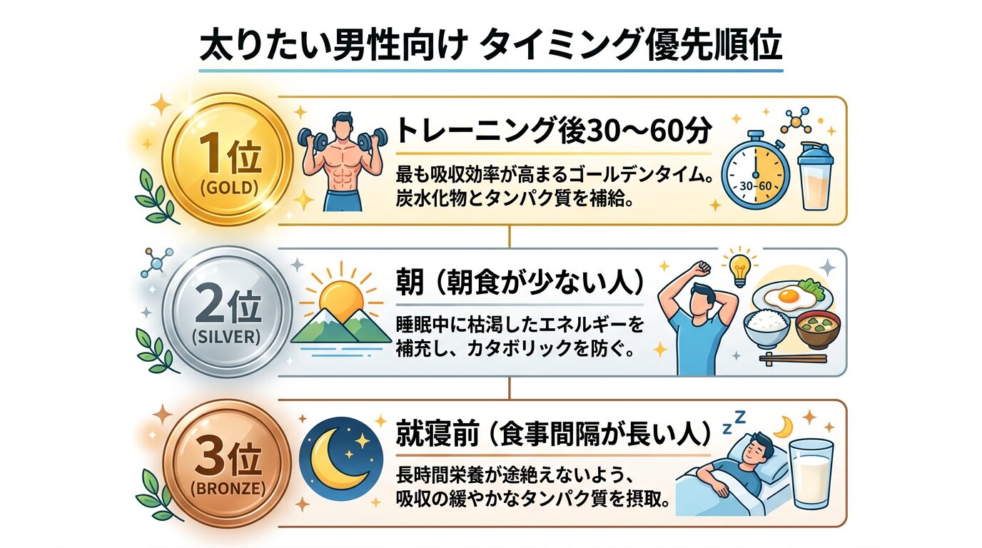 太りたい男性向けプロテインタイミングの優先順位