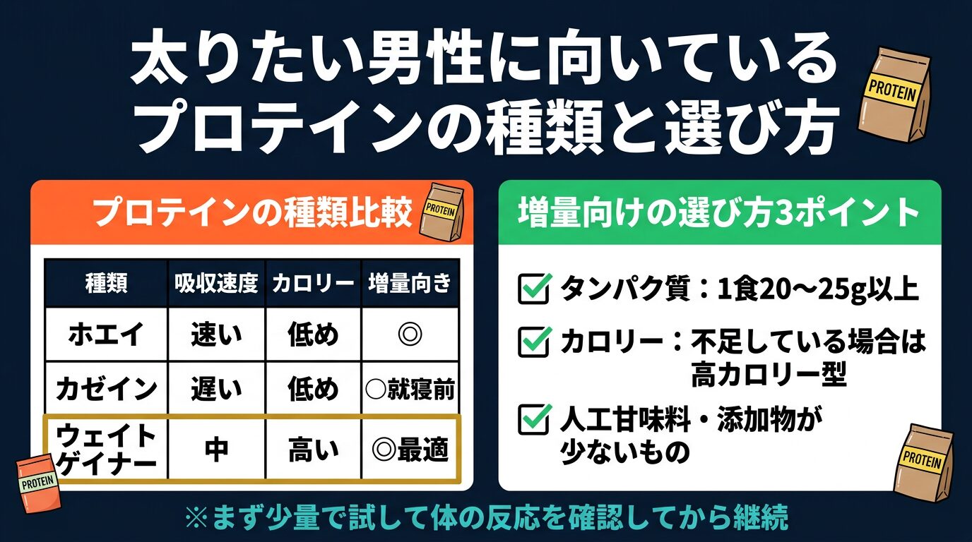 太りたい男性に向いているプロテインの種類と選び方