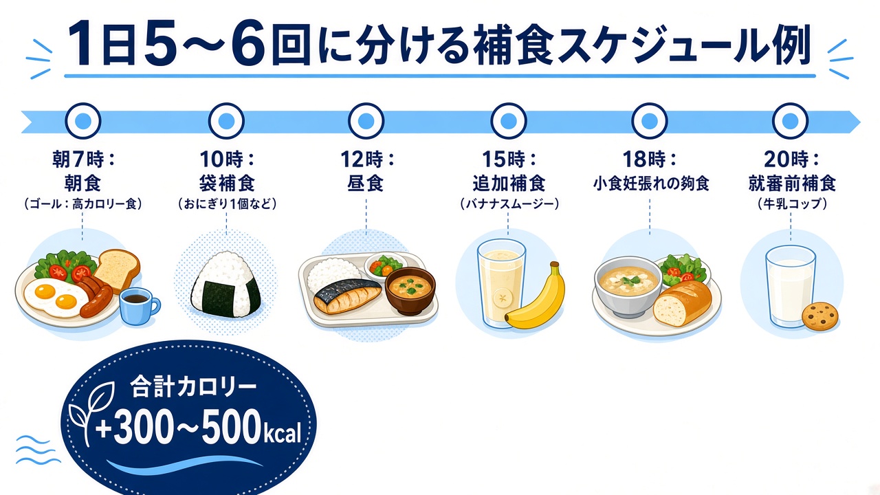 1日5〜6回に分ける増量の補食スケジュール例